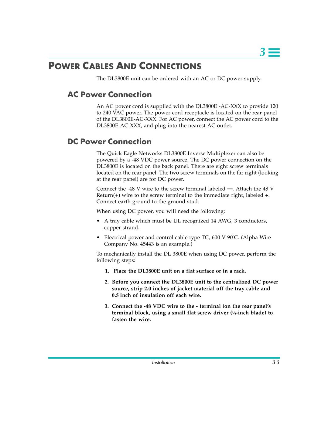 Quick Eagle Networks DL3800E manual Power Cables and Connections, AC Power Connection, DC Power Connection 