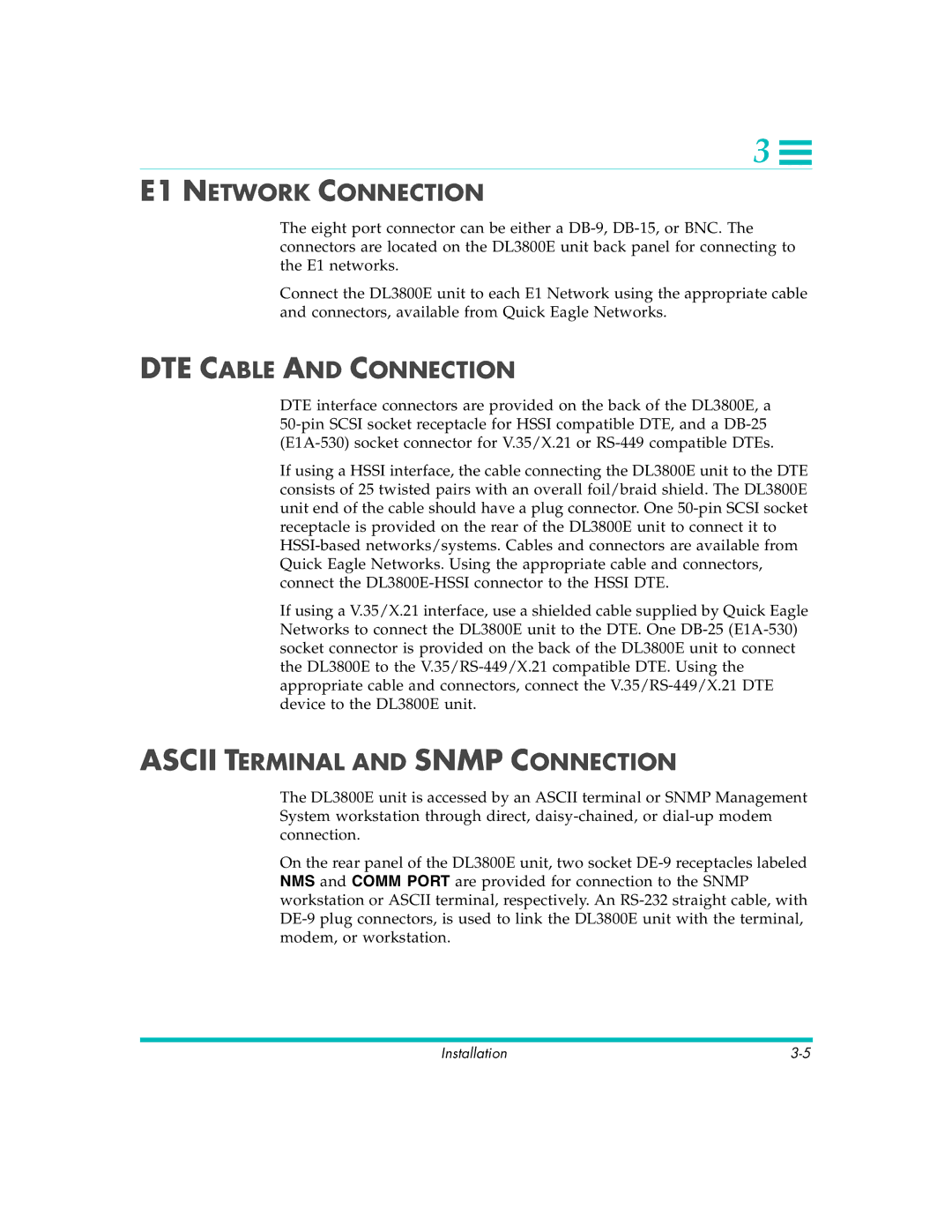 Quick Eagle Networks DL3800E manual E1 Network Connection, DTE Cable and Connection, Ascii Terminal and Snmp Connection 