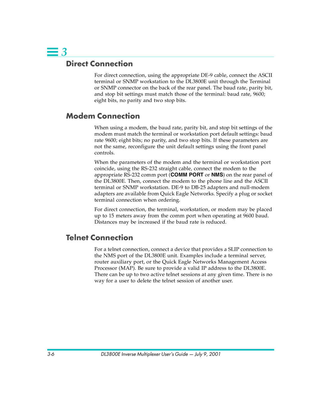 Quick Eagle Networks DL3800E manual Direct Connection, Modem Connection, Telnet Connection 