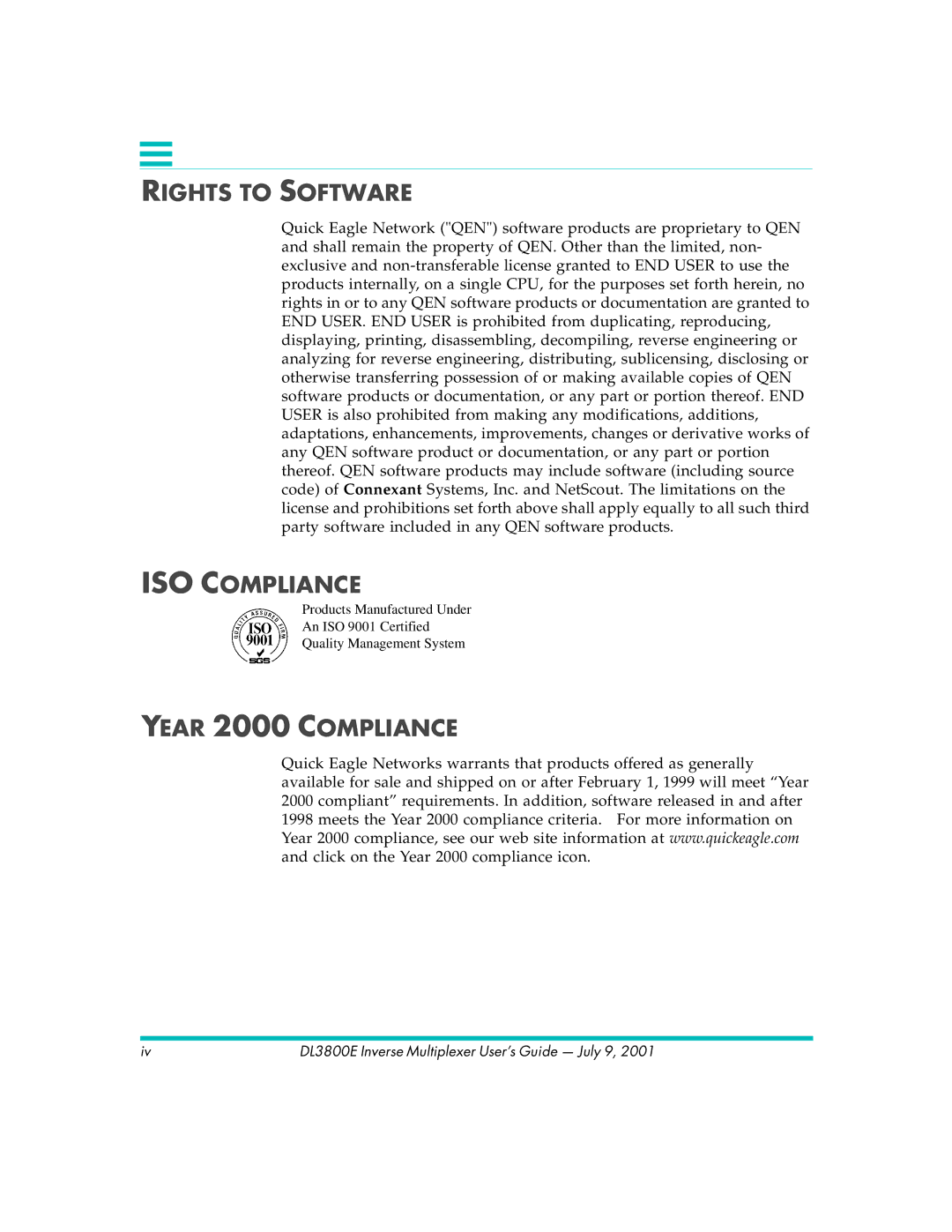 Quick Eagle Networks DL3800E manual Rights to Software, ISO Compliance, Year 2000 Compliance 