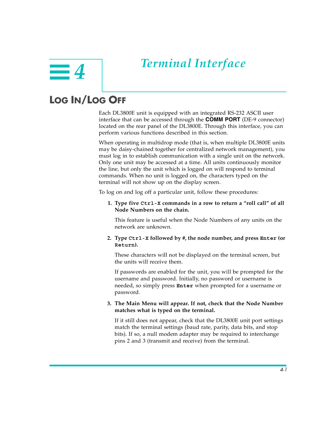 Quick Eagle Networks DL3800E manual Terminal Interface, Log In/Log Off 