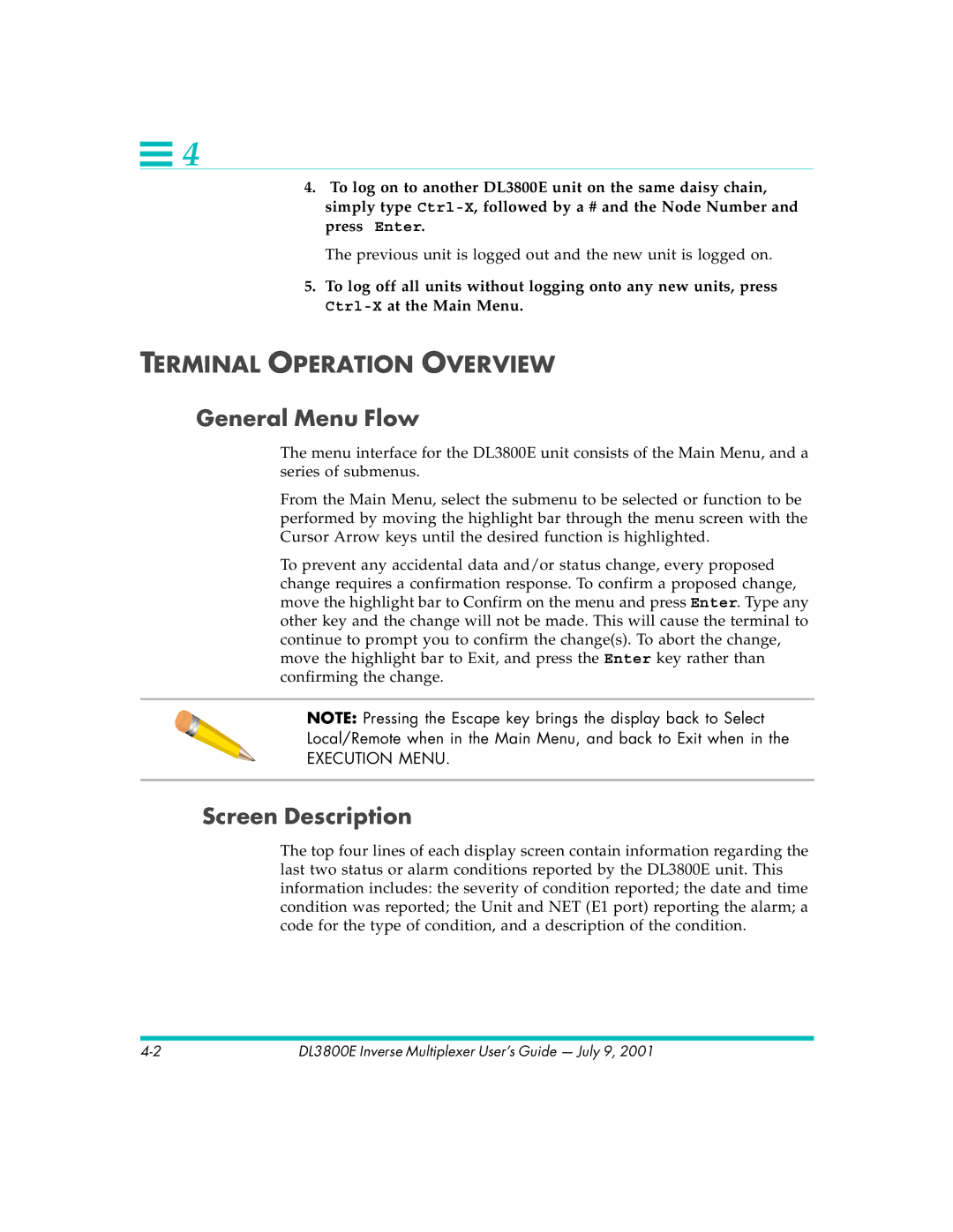 Quick Eagle Networks DL3800E manual Terminal Operation Overview, General Menu Flow, Screen Description 