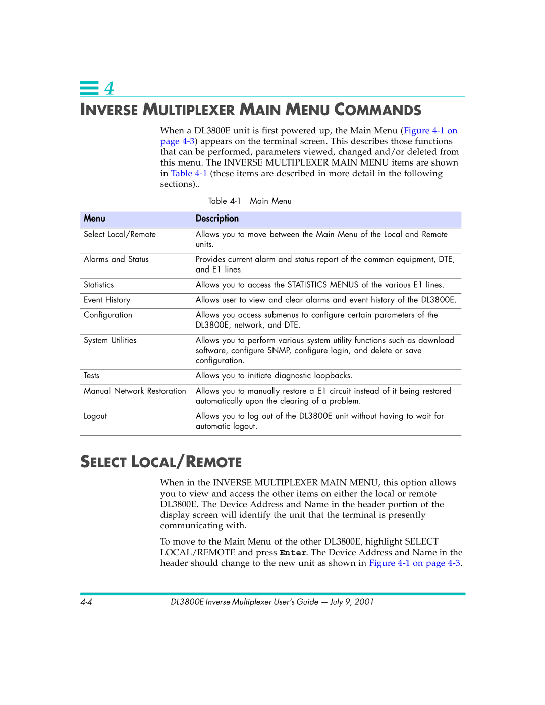 Quick Eagle Networks DL3800E manual Inverse Multiplexer Main Menu Commands, Select LOCAL/REMOTE, Menu Description 