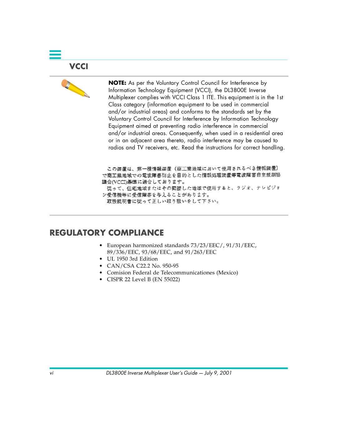 Quick Eagle Networks DL3800E manual Vcci Regulatory Compliance 