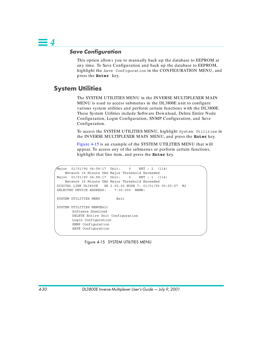 Quick Eagle Networks DL3800E manual System Utilities, Utilities Menu 