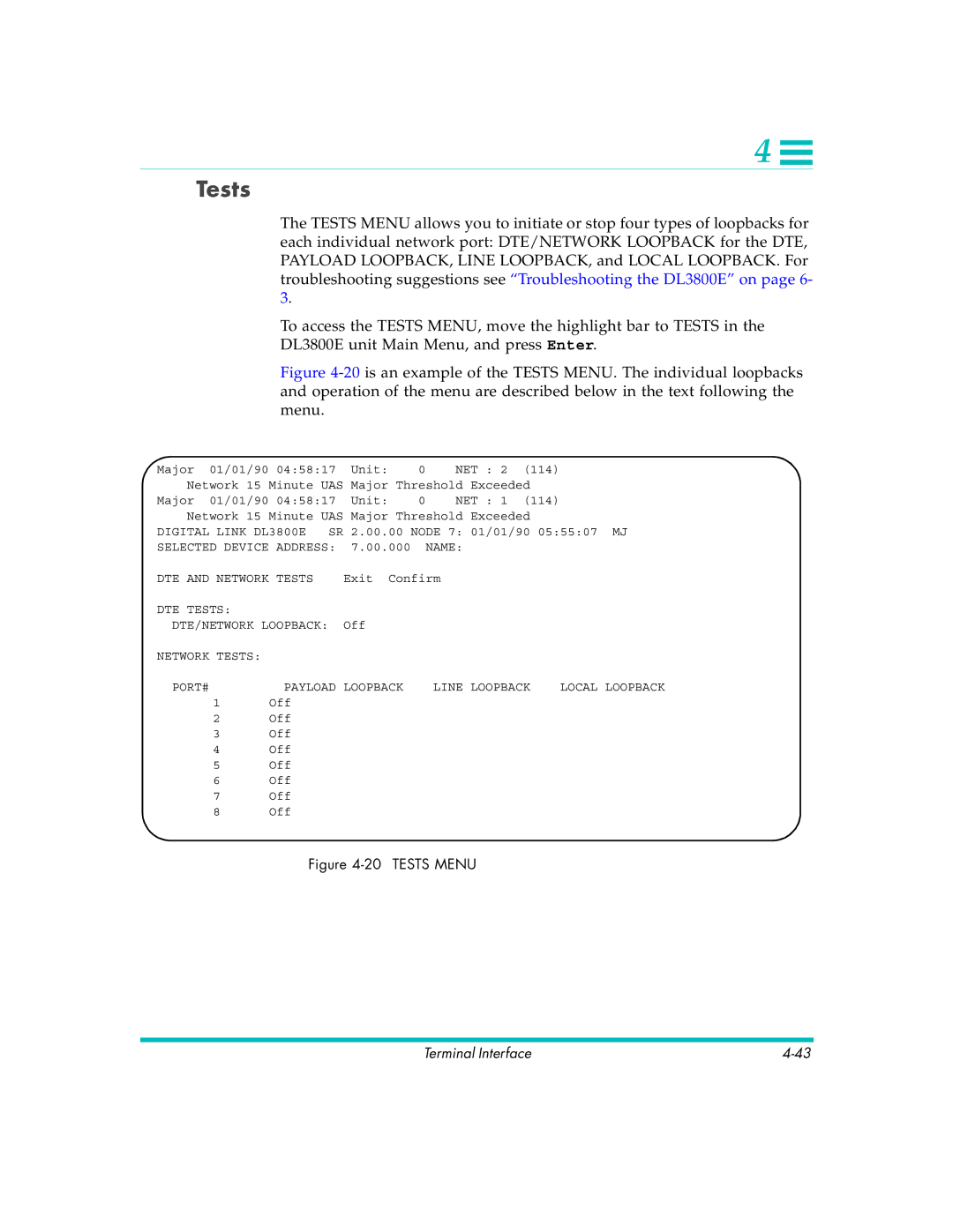 Quick Eagle Networks DL3800E manual Tests Menu 