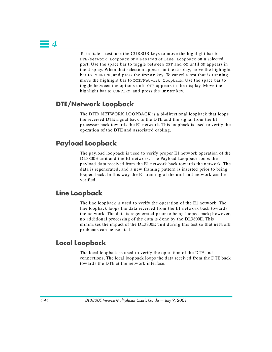 Quick Eagle Networks DL3800E manual DTE/Network Loopback, Payload Loopback, Line Loopback, Local Loopback 