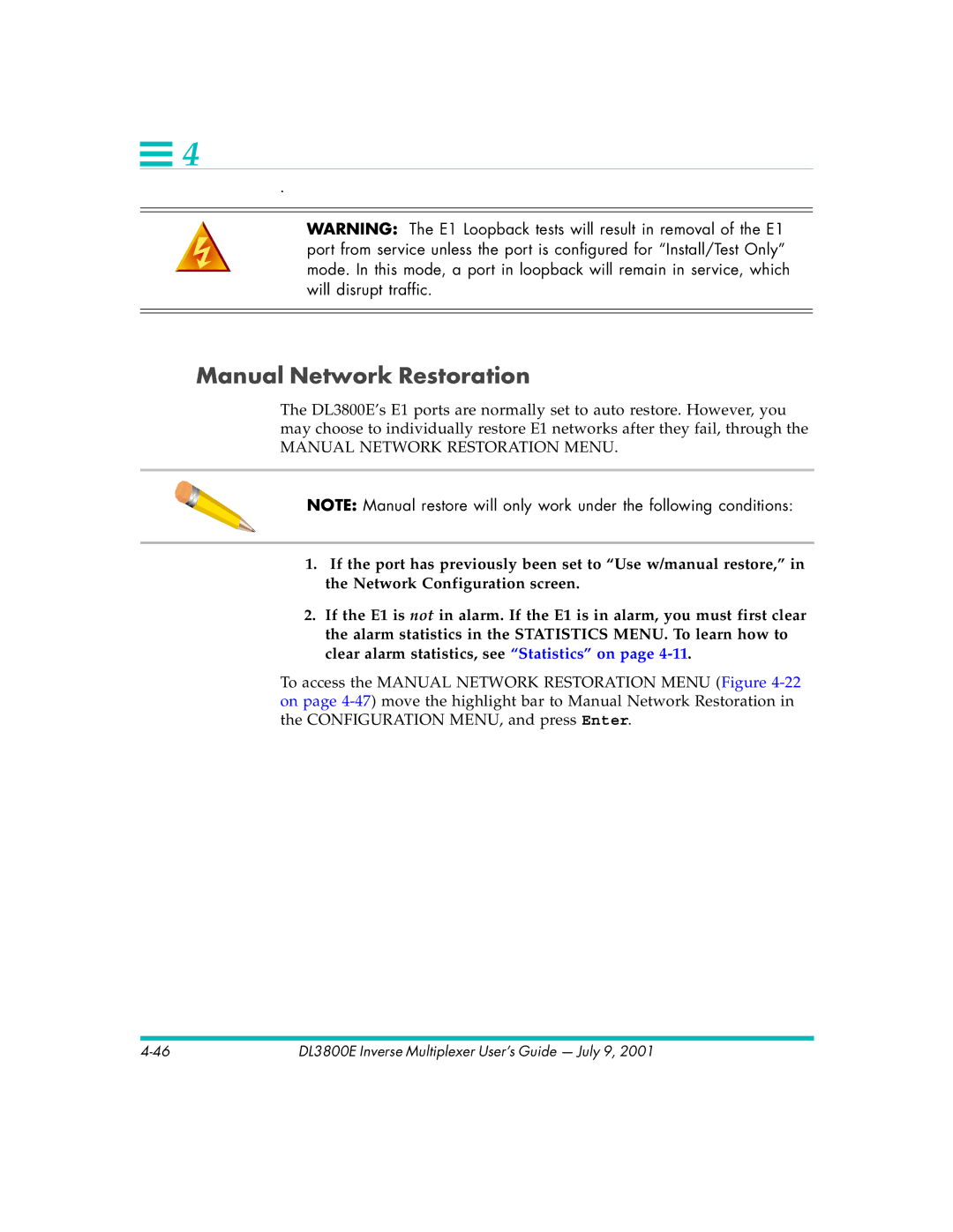 Quick Eagle Networks DL3800E manual Manual Network Restoration 