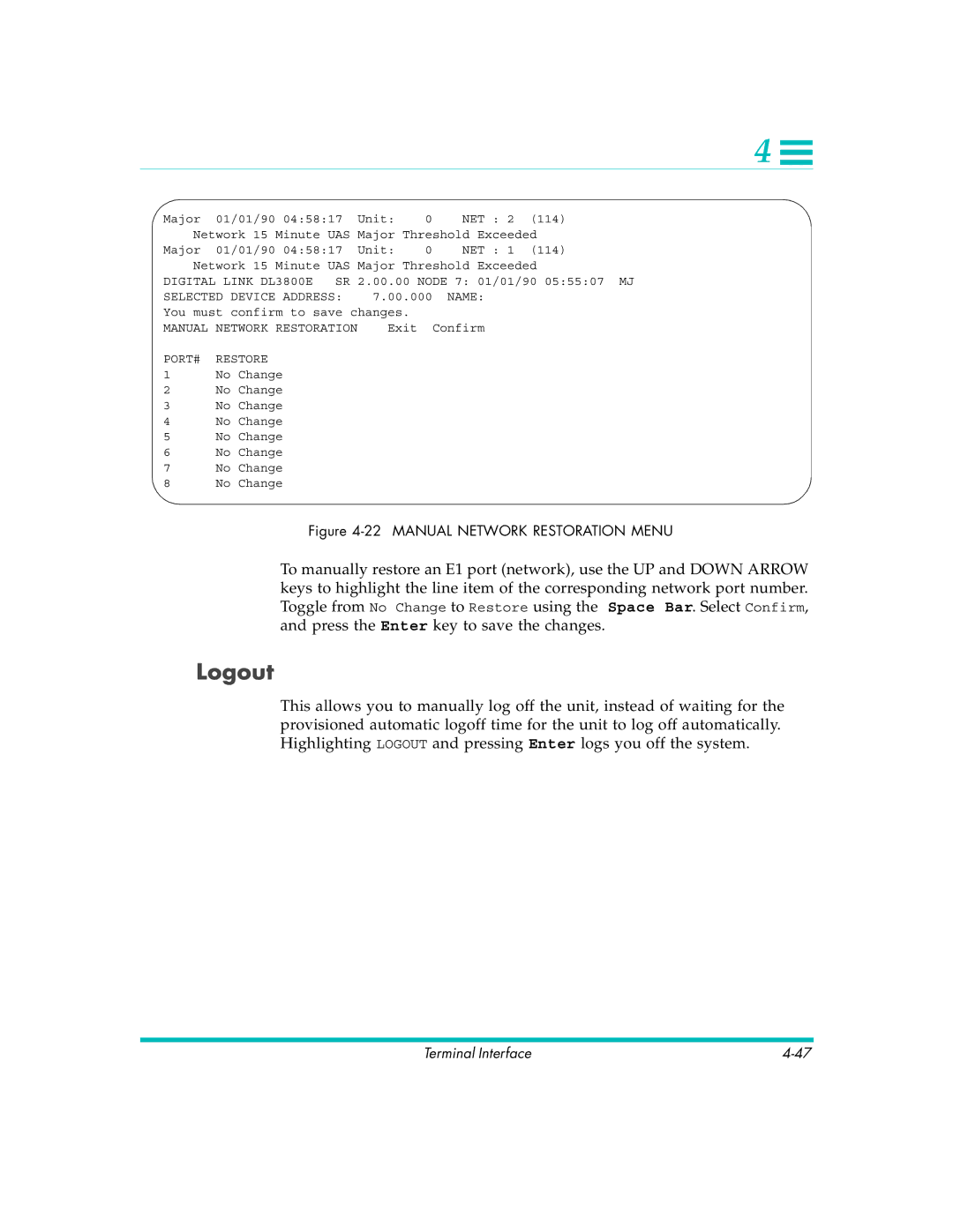 Quick Eagle Networks DL3800E manual Logout, Manual Network Restoration Menu 