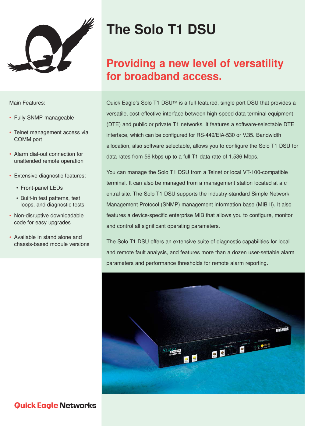 Quick Eagle Networks manual The Solo T1 DSU, Providing a new level of versatility for broadband access 