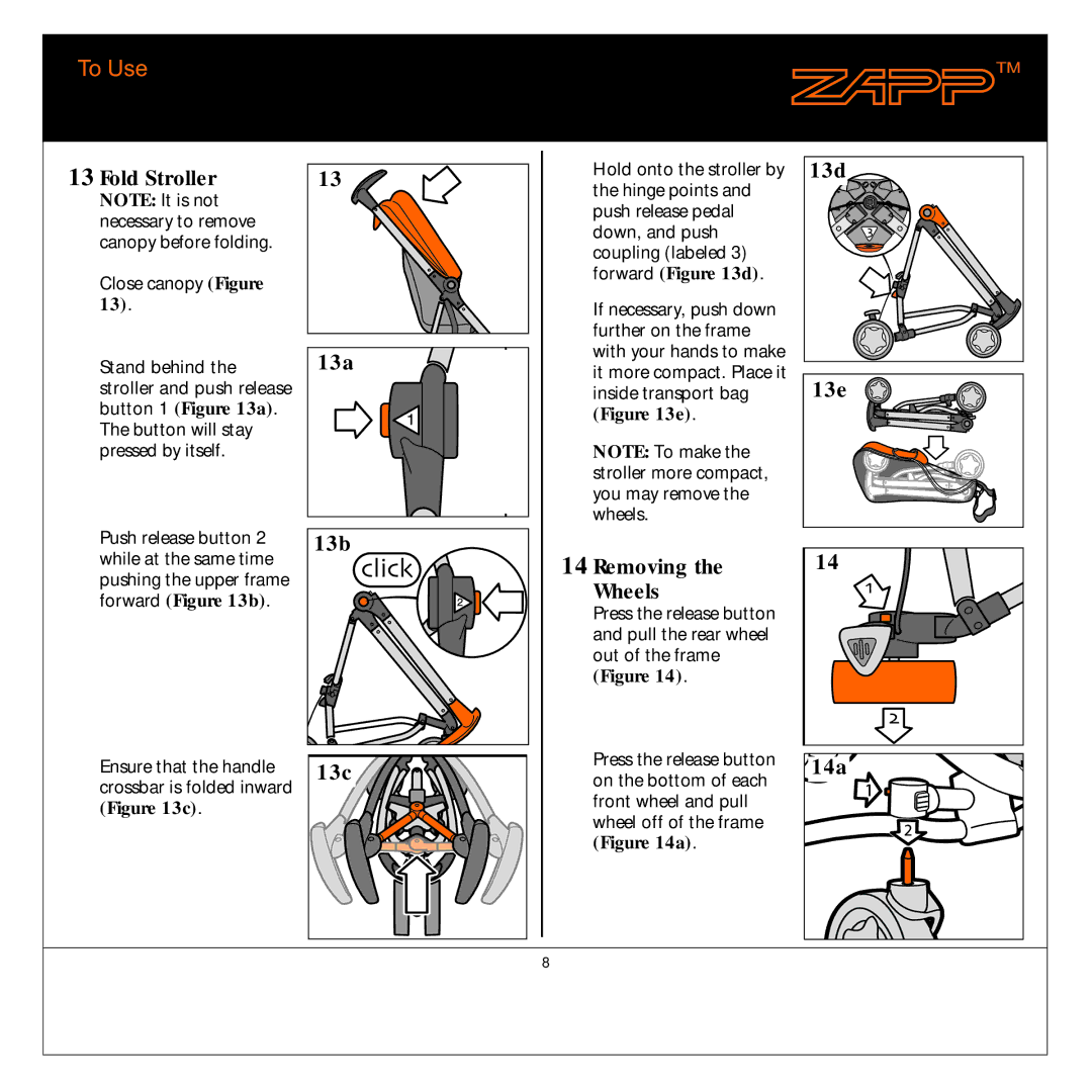 Quinny 01474 manual Fold Stroller, 13a, 13b, 13c, 13d, 13e, Removing Wheels, 14a 