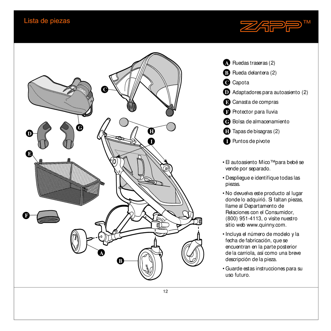 Quinny 01474 manual Lista de piezas 