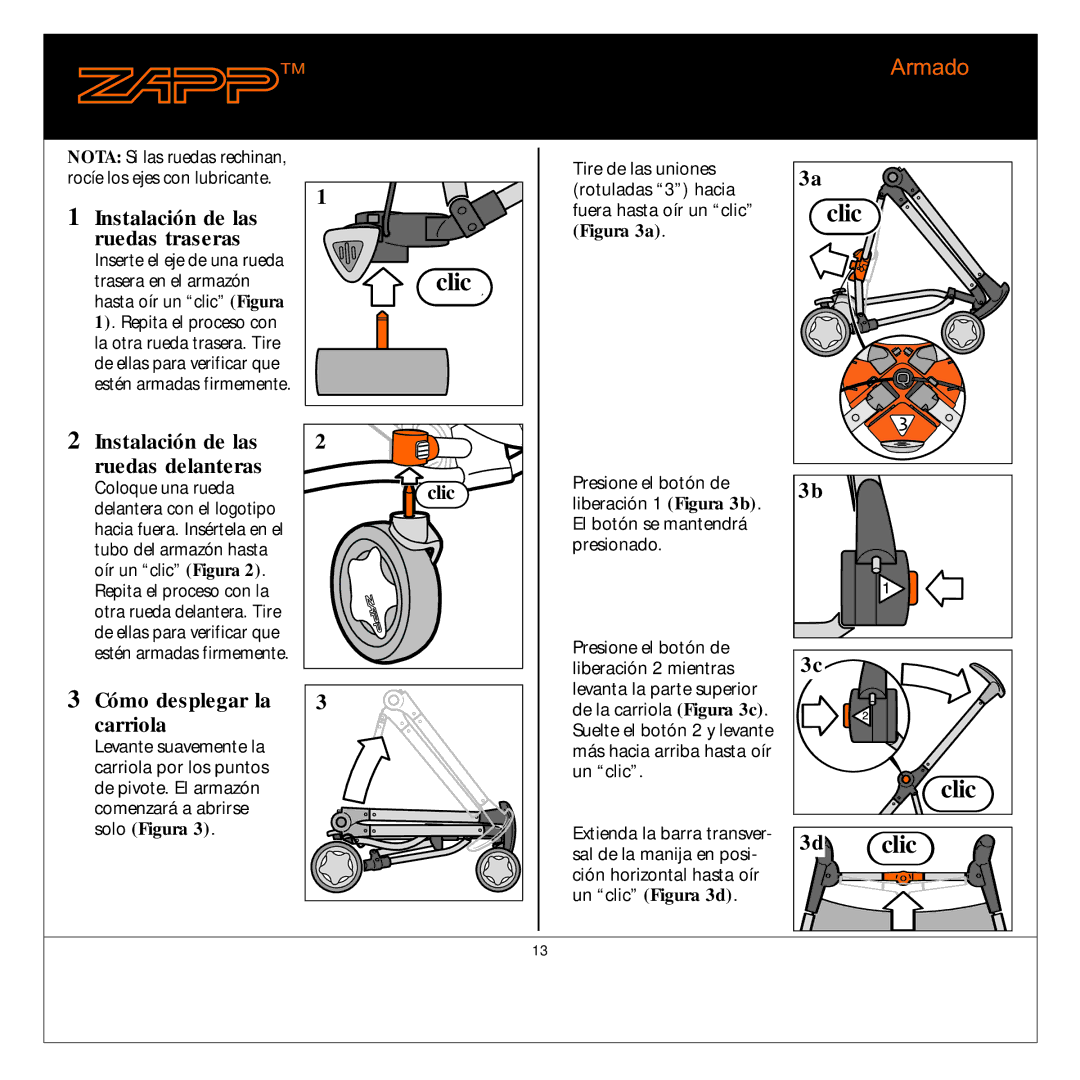 Quinny 01474 manual Ruedas traseras, Instalación de las Ruedas delanteras, Cómo desplegar la, Carriola, Clic 