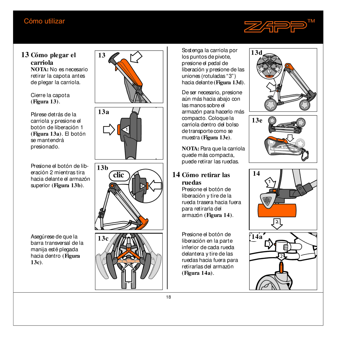 Quinny 01474 manual 13 Cómo plegar el Carriola, 14 Cómo retirar las Ruedas 