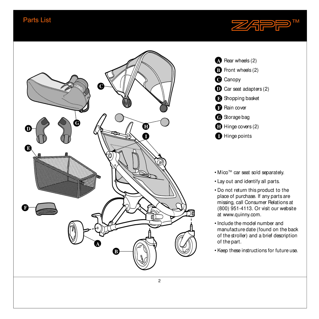 Quinny 01474 manual Parts List, Do not return this product to 