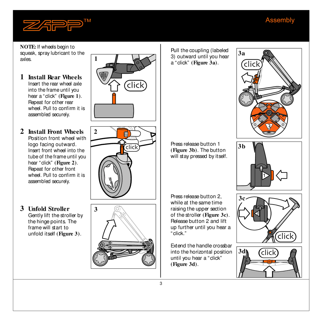 Quinny 01474 manual Assembly, Install Rear Wheels, Install Front Wheels, Unfold Stroller 