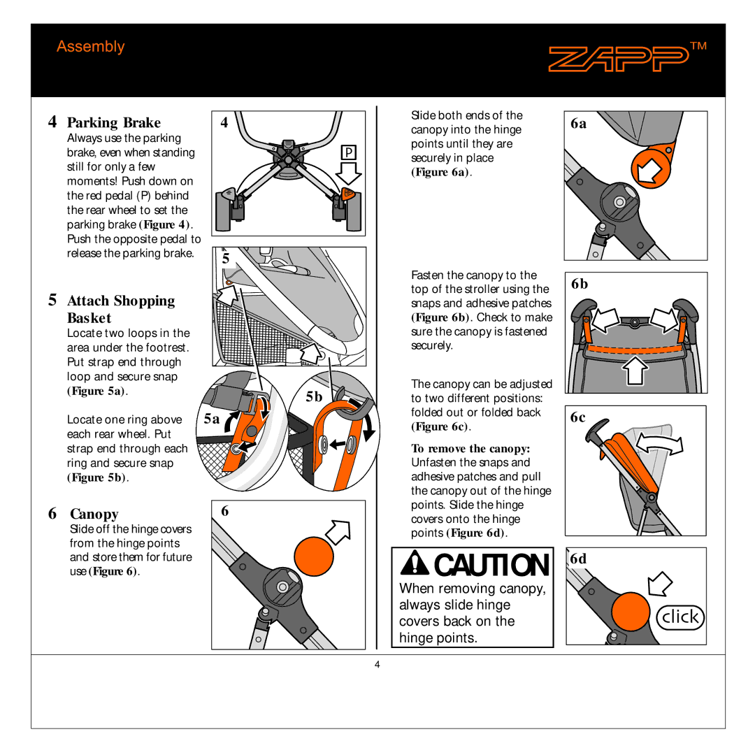 Quinny 01474 manual Parking Brake, Attach Shopping Basket, Canopy 