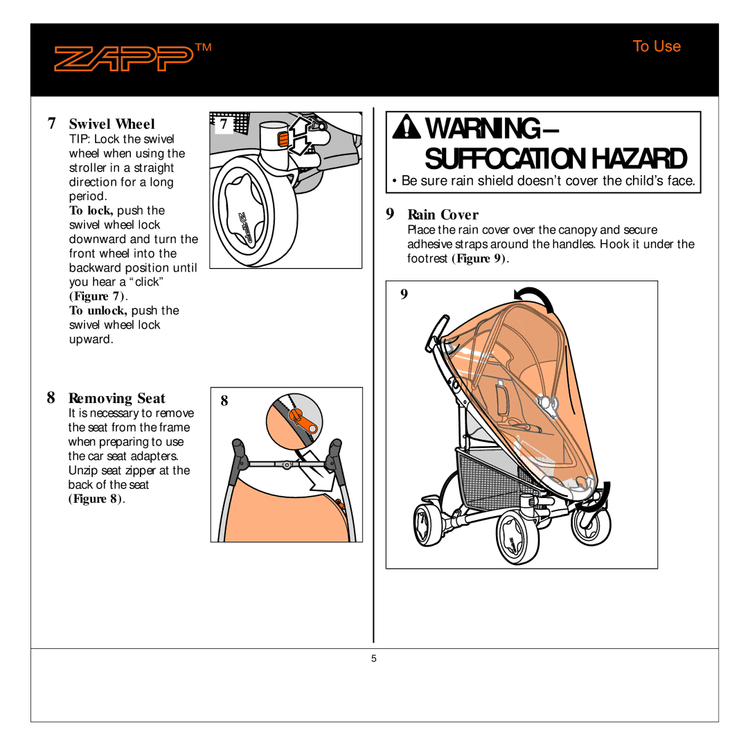 Quinny 01474 manual To Use, Swivel Wheel, Rain Cover, Removing Seat 