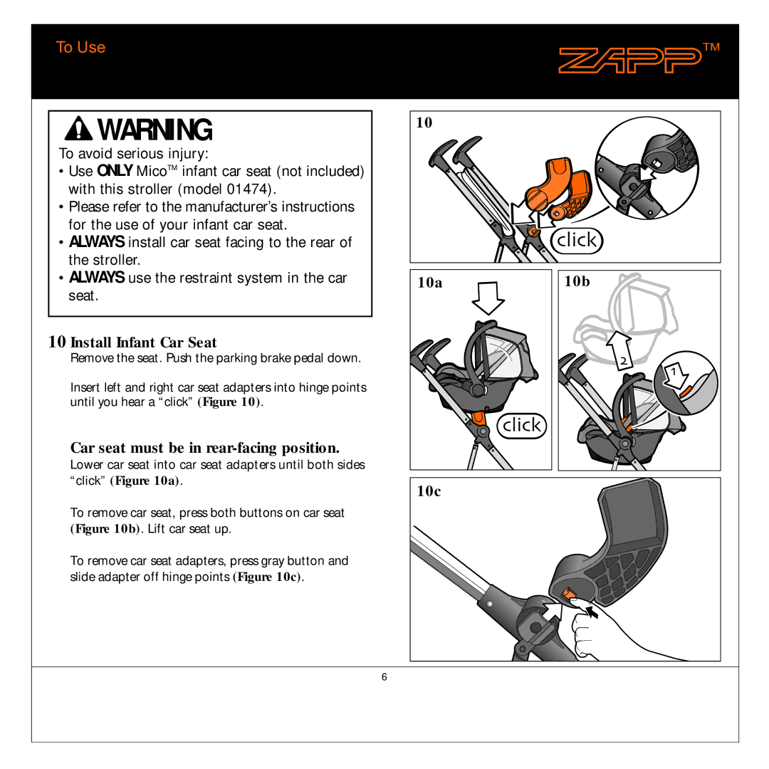 Quinny 01474 manual Install Infant Car Seat, Car seat must be in rear-facing position, 10a 10c 10b 