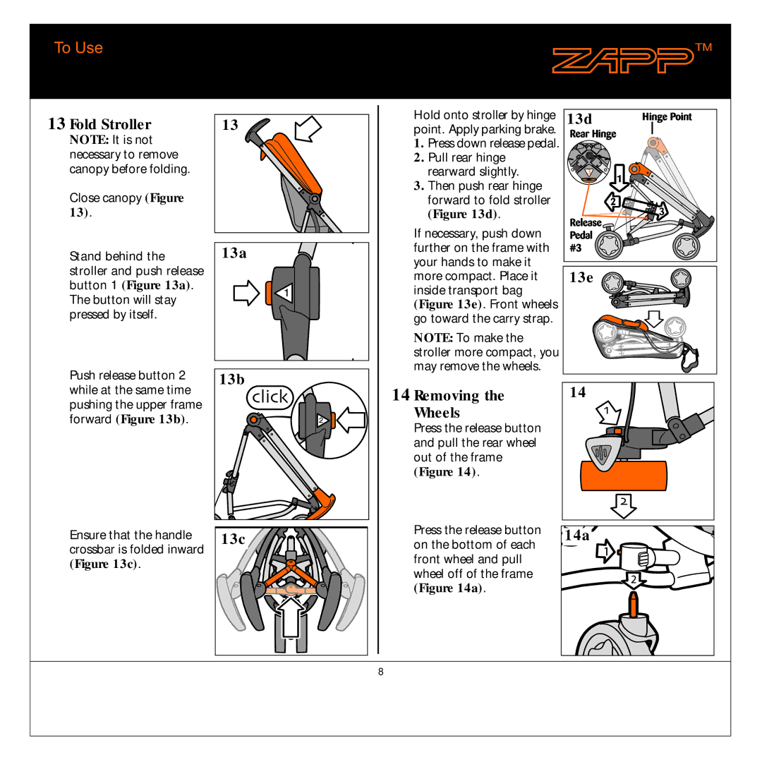 Quinny 01474C manual Fold Stroller, 13a, 13b, 13c, 13d, 13e, Removing Wheels, 14a 