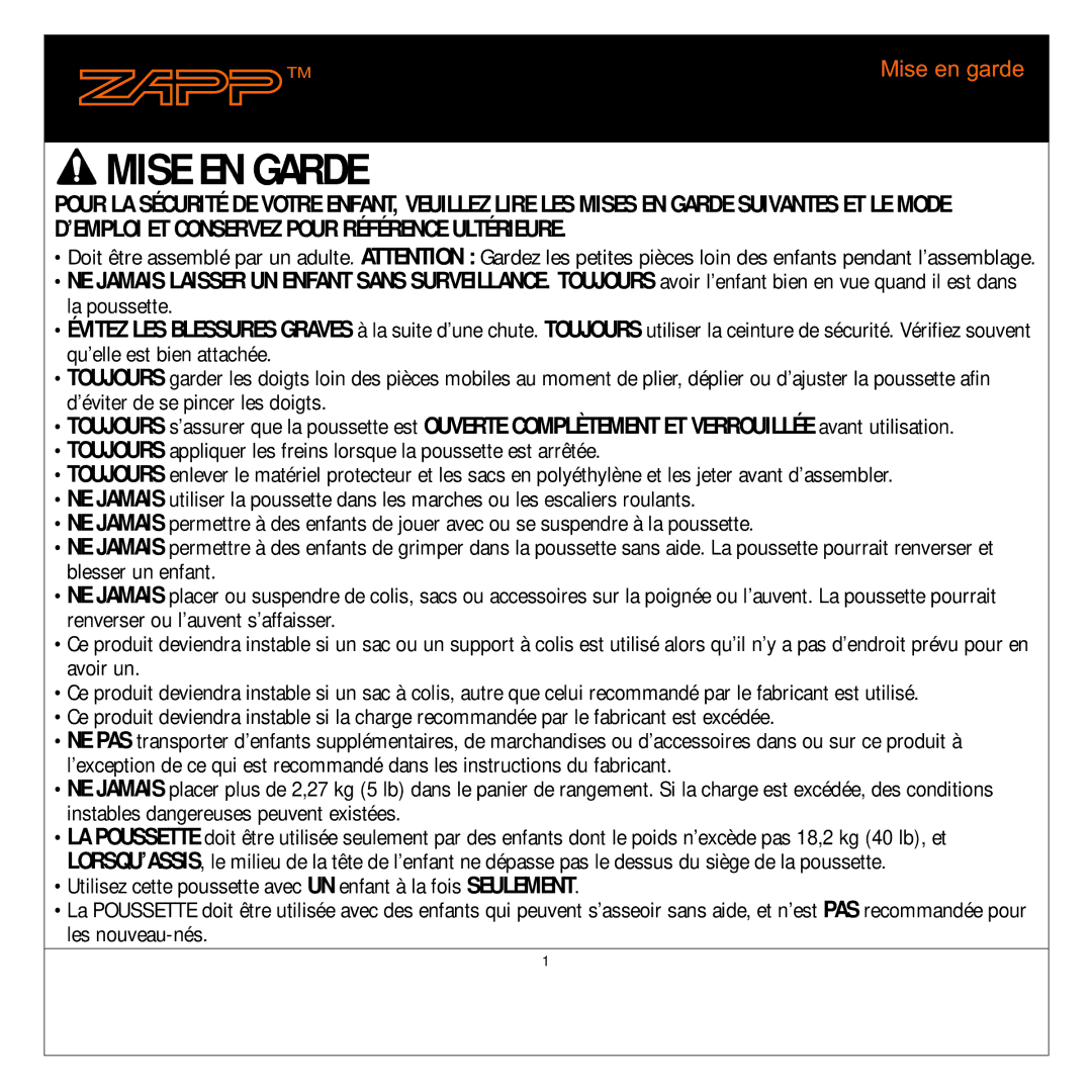 Quinny 01474C manual Mise EN Garde, Mise en garde 