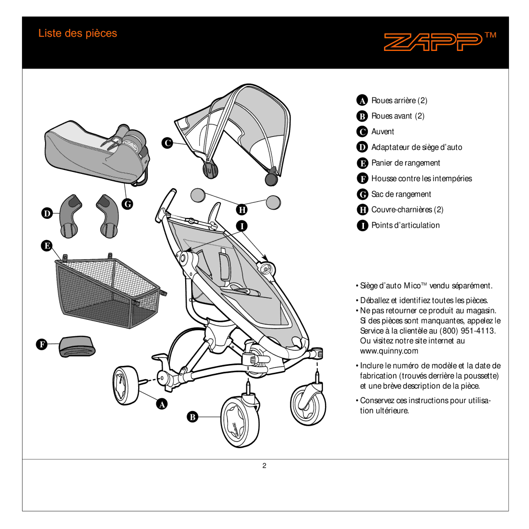 Quinny 01474C manual Liste des pièces, Points d’articulation 