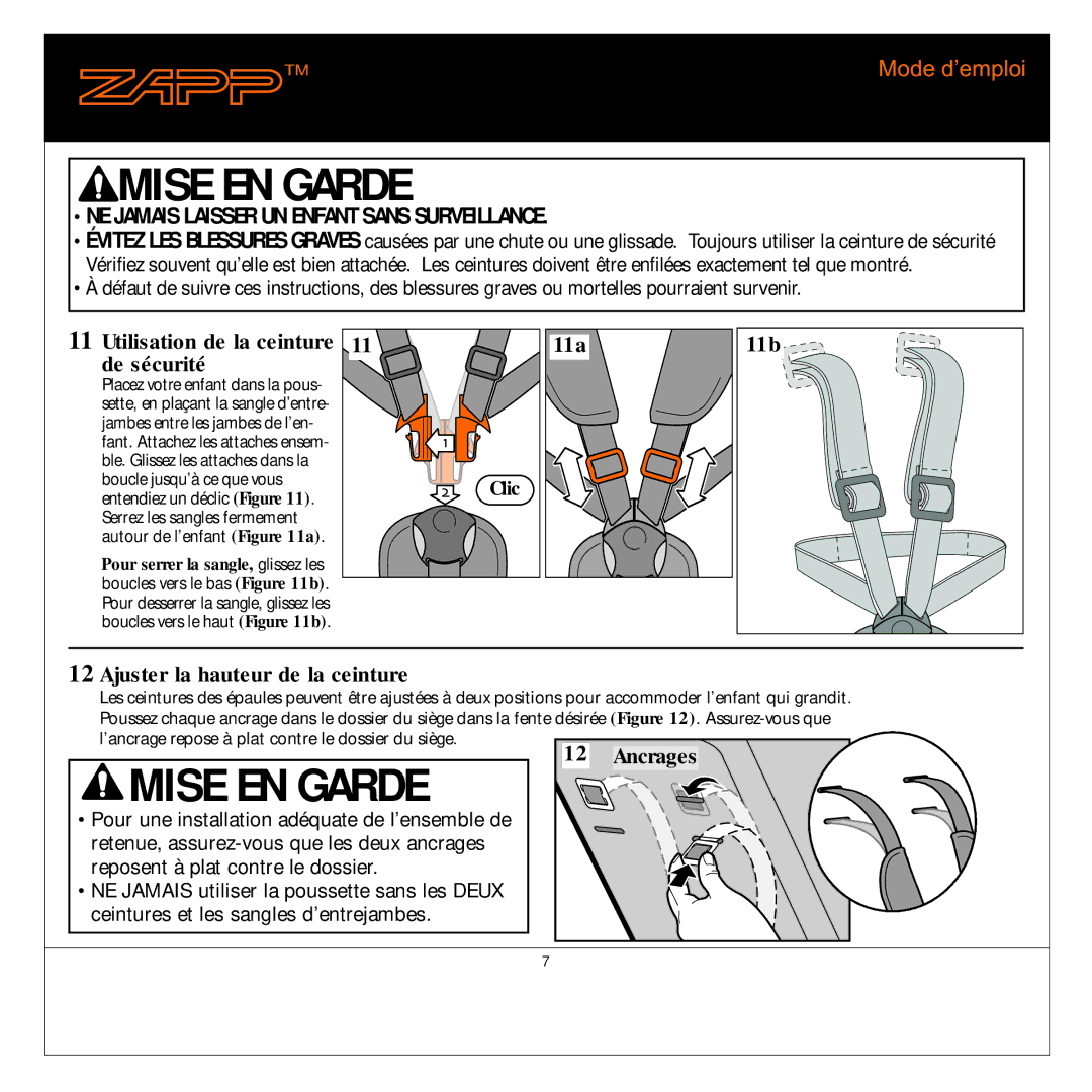 Quinny 01474C manual Utilisation de la ceinture De sécurité, 11a 11b Ajuster la hauteur de la ceinture 