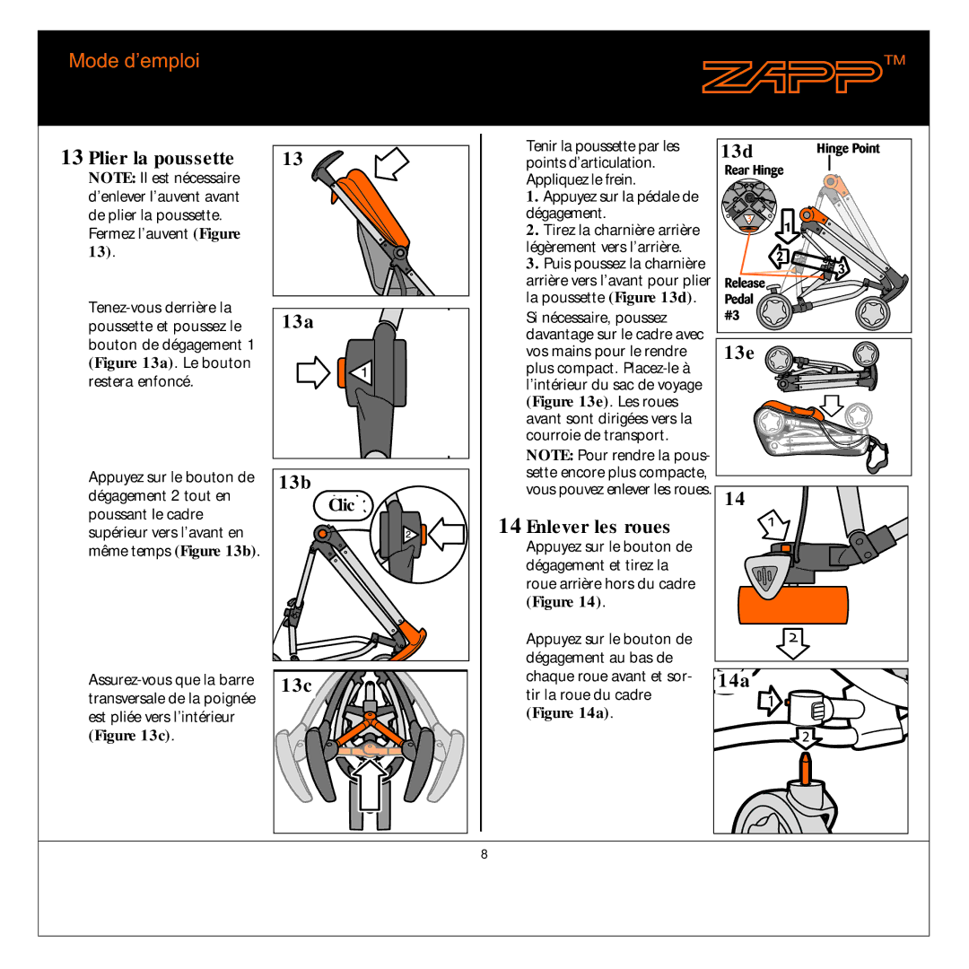 Quinny 01474C manual Plier la poussette, 13a 13b, Enlever les roues, 13e 14a 