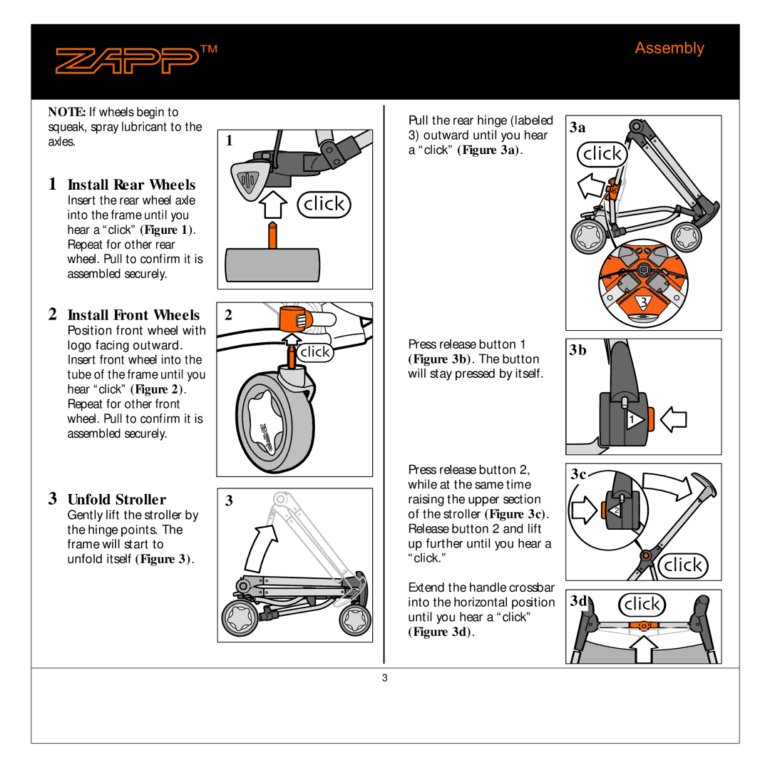 Quinny 01474C manual Assembly, Install Rear Wheels, Install Front Wheels, Unfold Stroller 