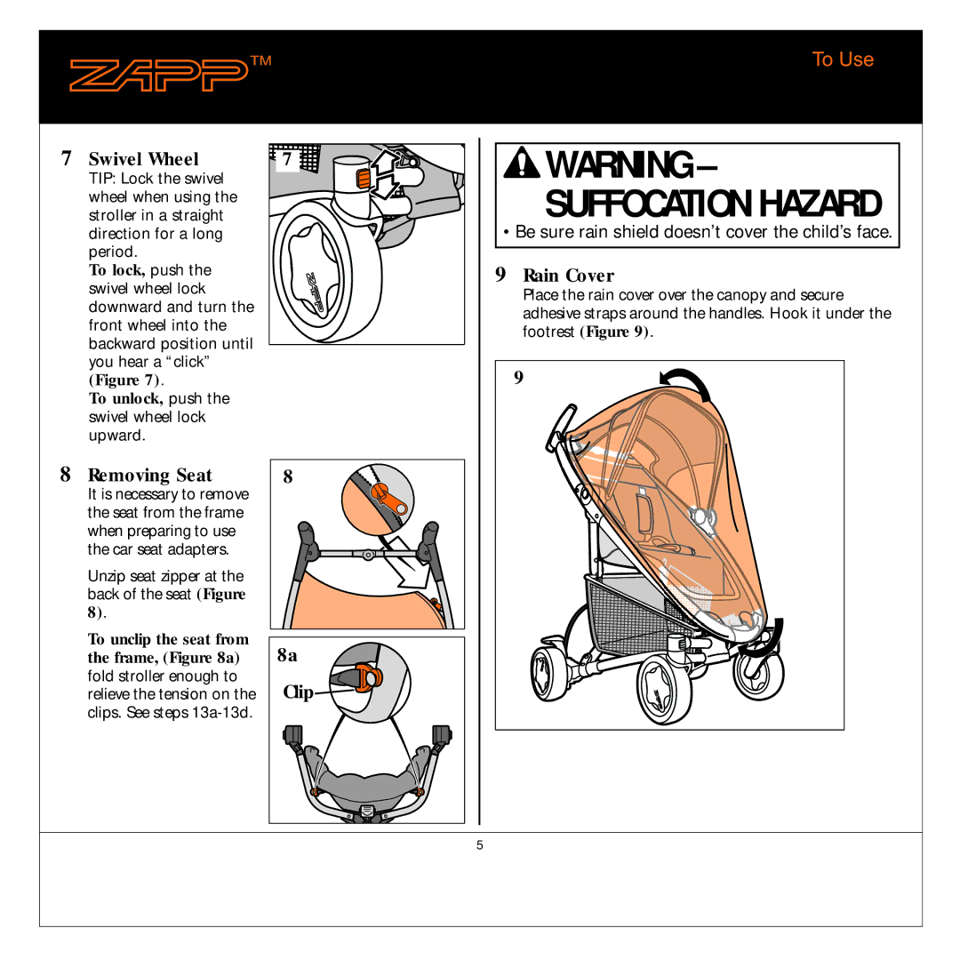 Quinny 01474C manual To Use, Swivel Wheel, Rain Cover, Removing Seat, 8a Clip 