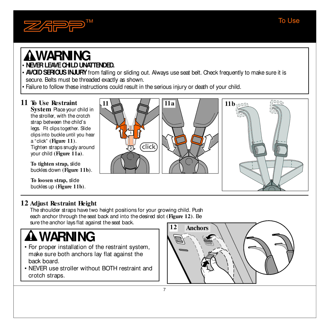 Quinny 01474C manual To Use Restraint, 11a 11b Adjust Restraint Height, To tighten strap, slide 