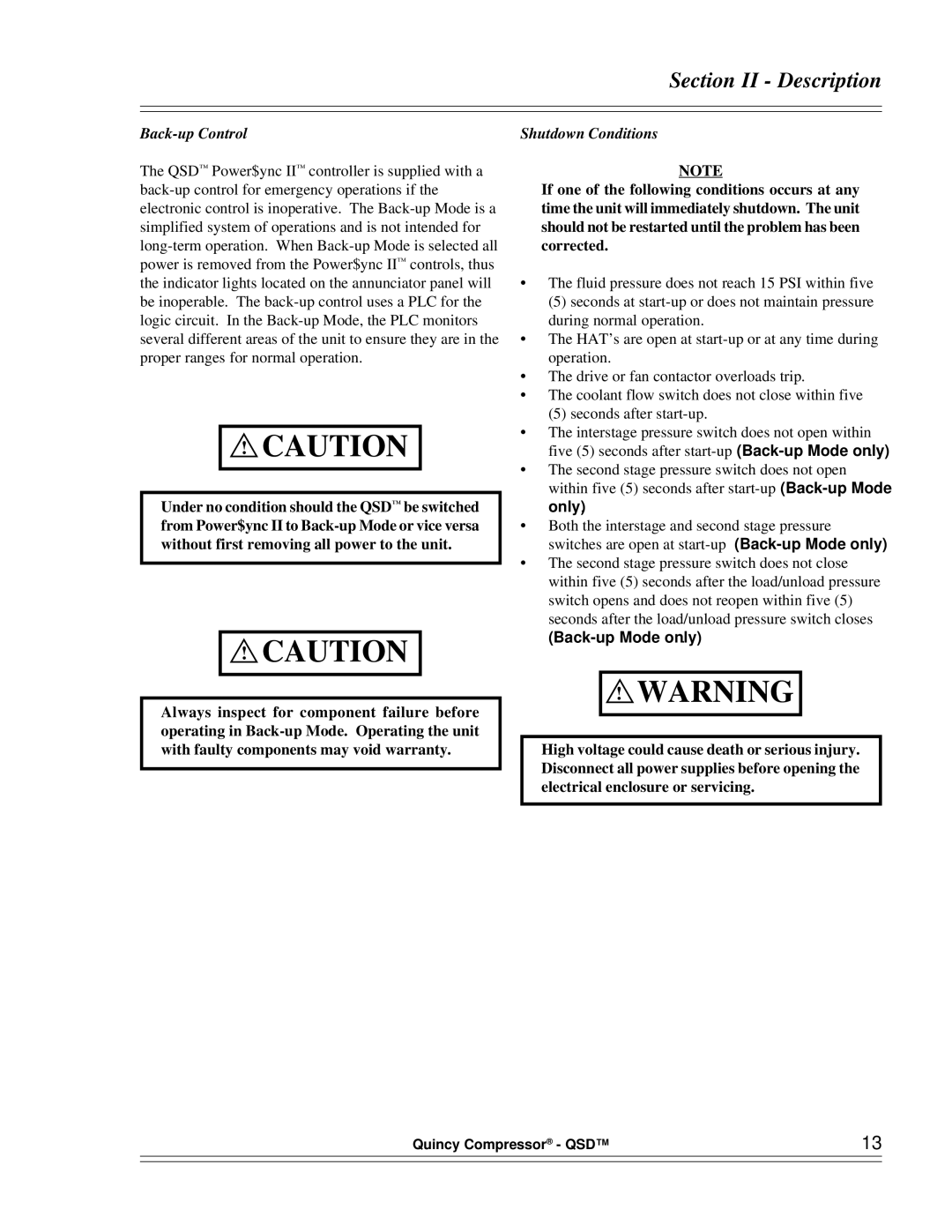 Quinny 65040-AB manual Back-up Control, Shutdown Conditions 