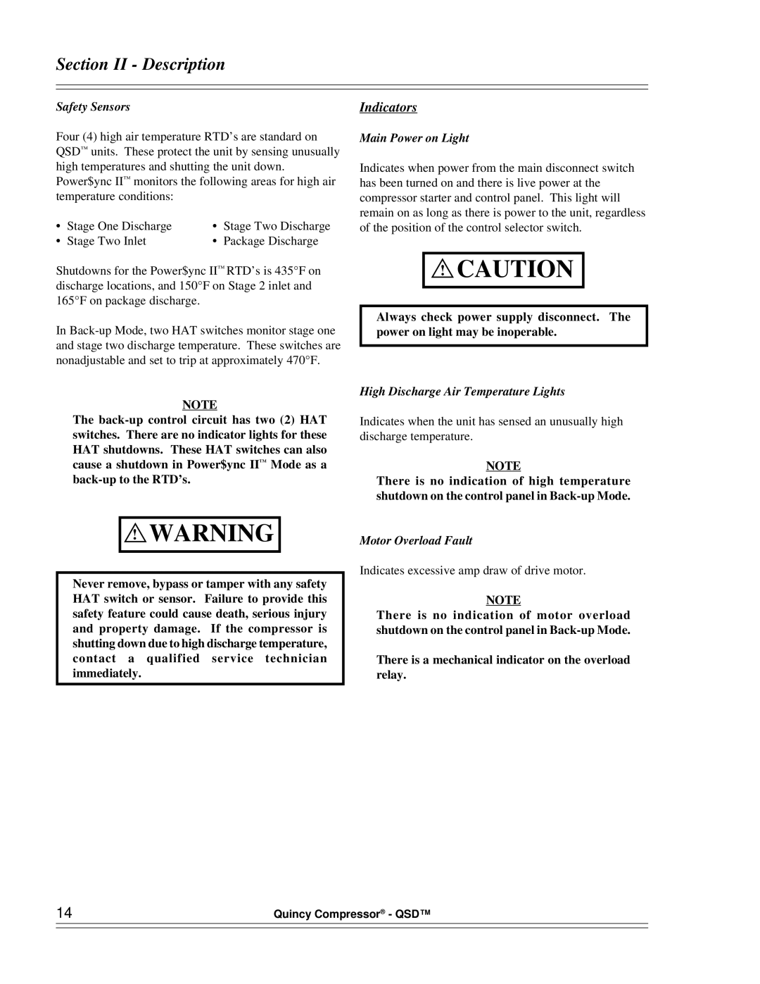 Quinny 65040-AB manual Indicators, Safety Sensors, Main Power on Light, High Discharge Air Temperature Lights 