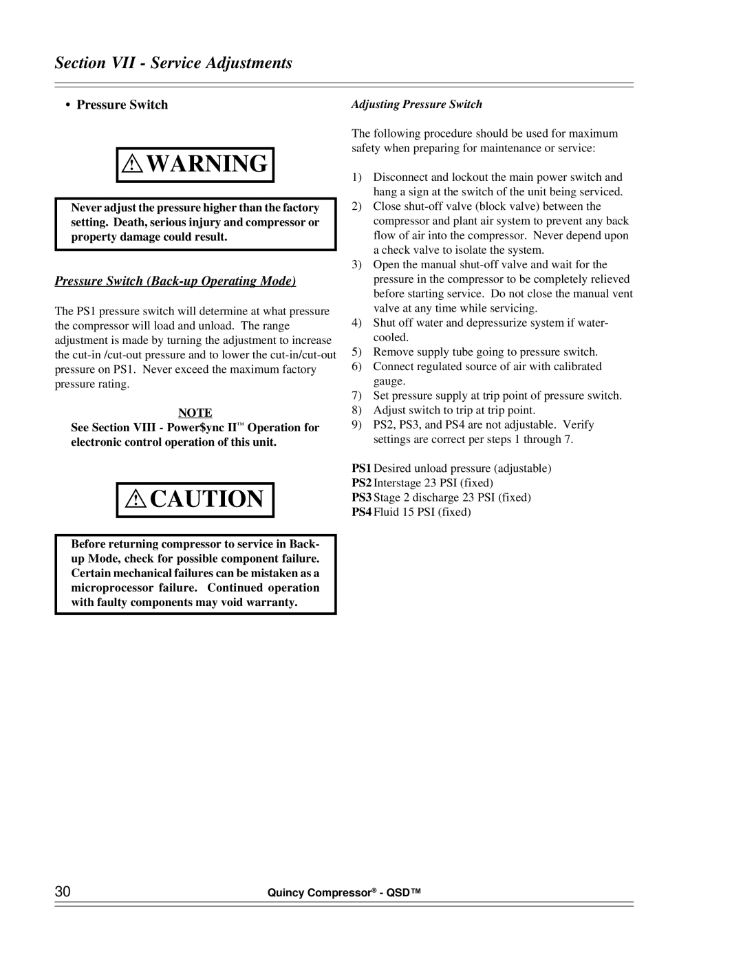 Quinny 65040-AB Section VII Service Adjustments, Pressure Switch Back-up Operating Mode, Adjusting Pressure Switch 