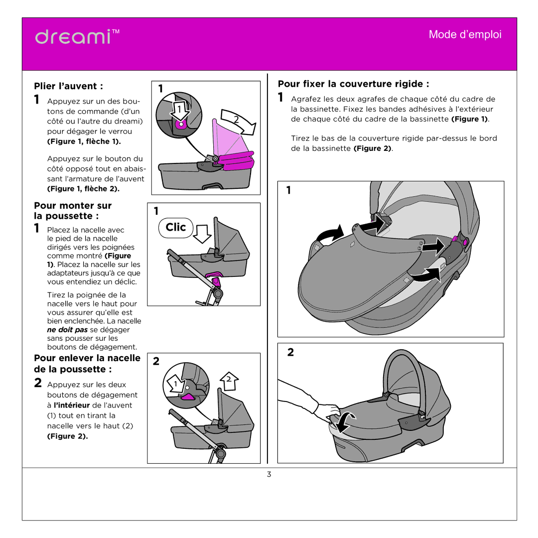 Quinny BT042 manual Mode d’emploi, Plier l’auvent, Pour monter sur la poussette, Pour fixer la couverture rigide 