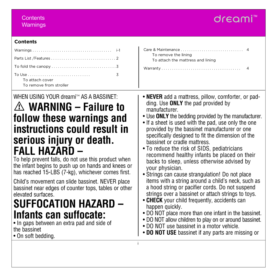 Quinny BT042 manual Fall Hazard, Contents 