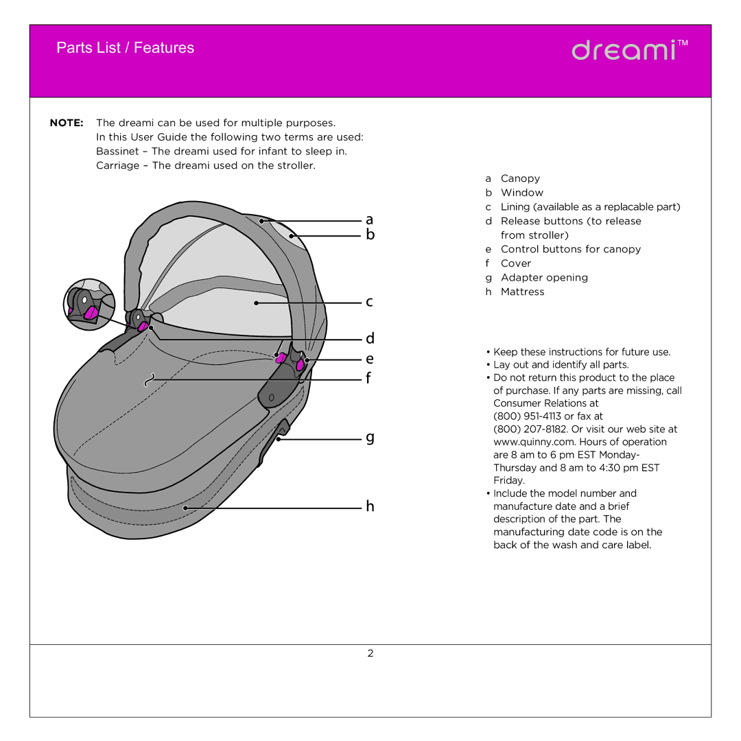 Quinny BT042 manual Parts List / Features 