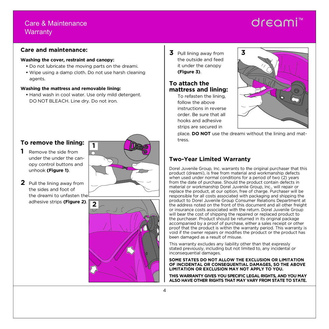 Quinny BT042 Care & Maintenance Warranty, To attach the mattress and lining, To remove the lining, Care and maintenance 