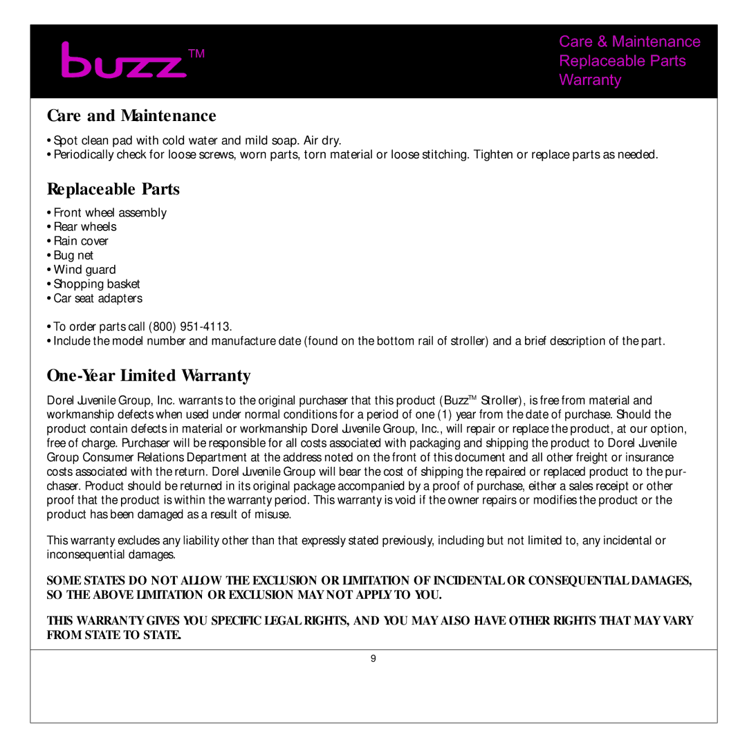 Quinny Buzz Stroller manual Care and Maintenance, Care & Maintenance TMReplaceable Parts Warranty 