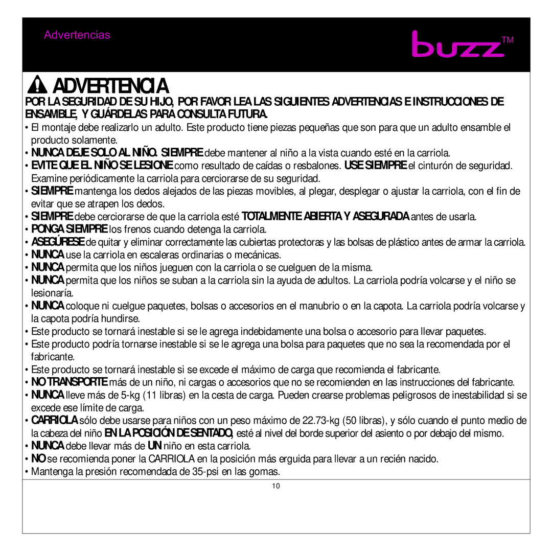 Quinny Buzz Stroller manual Advertencias 