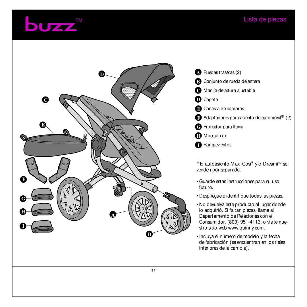 Quinny Buzz Stroller manual Lista de piezas 