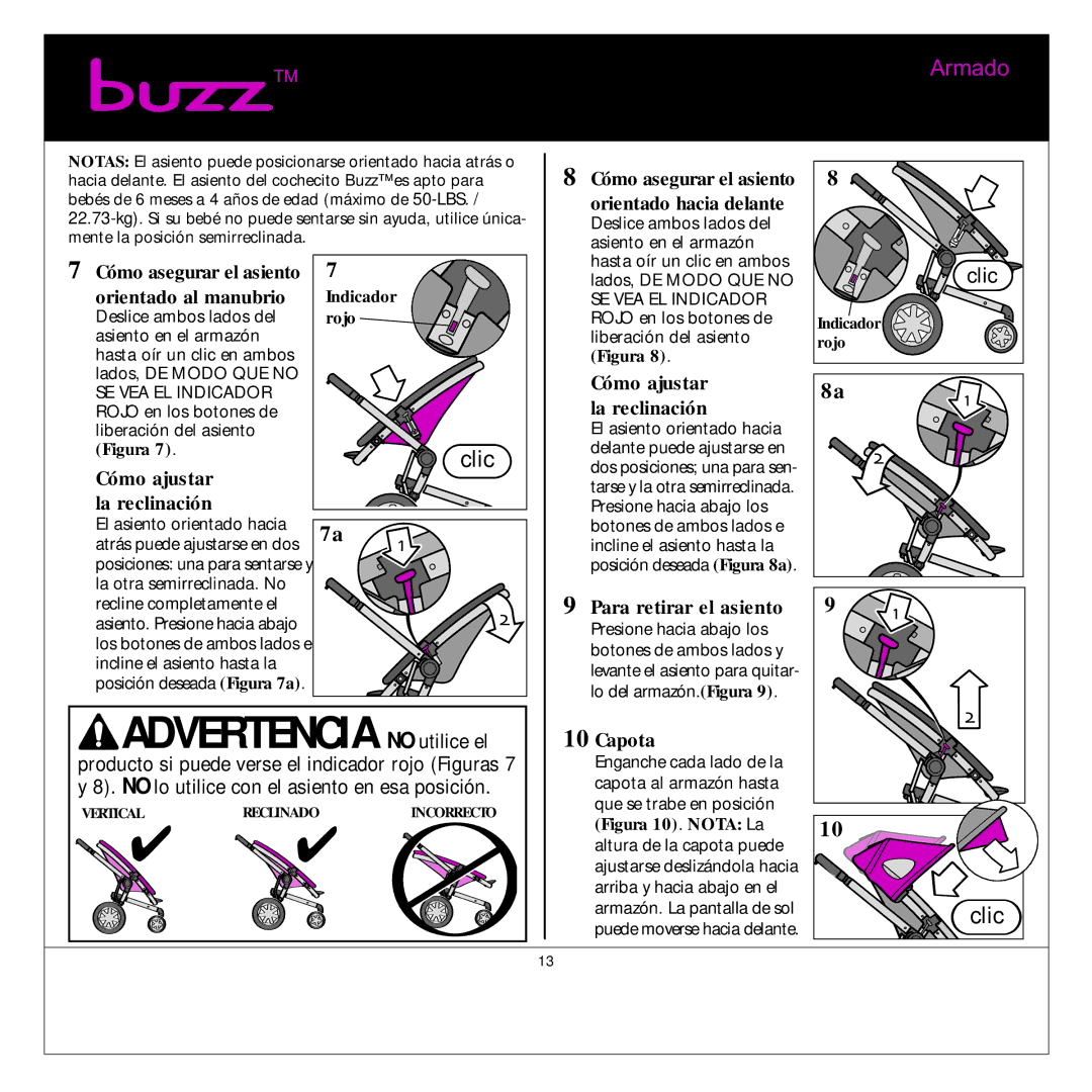 Quinny Buzz Stroller manual Cómo ajustar la reclinación, Para retirar el asiento, Capota 