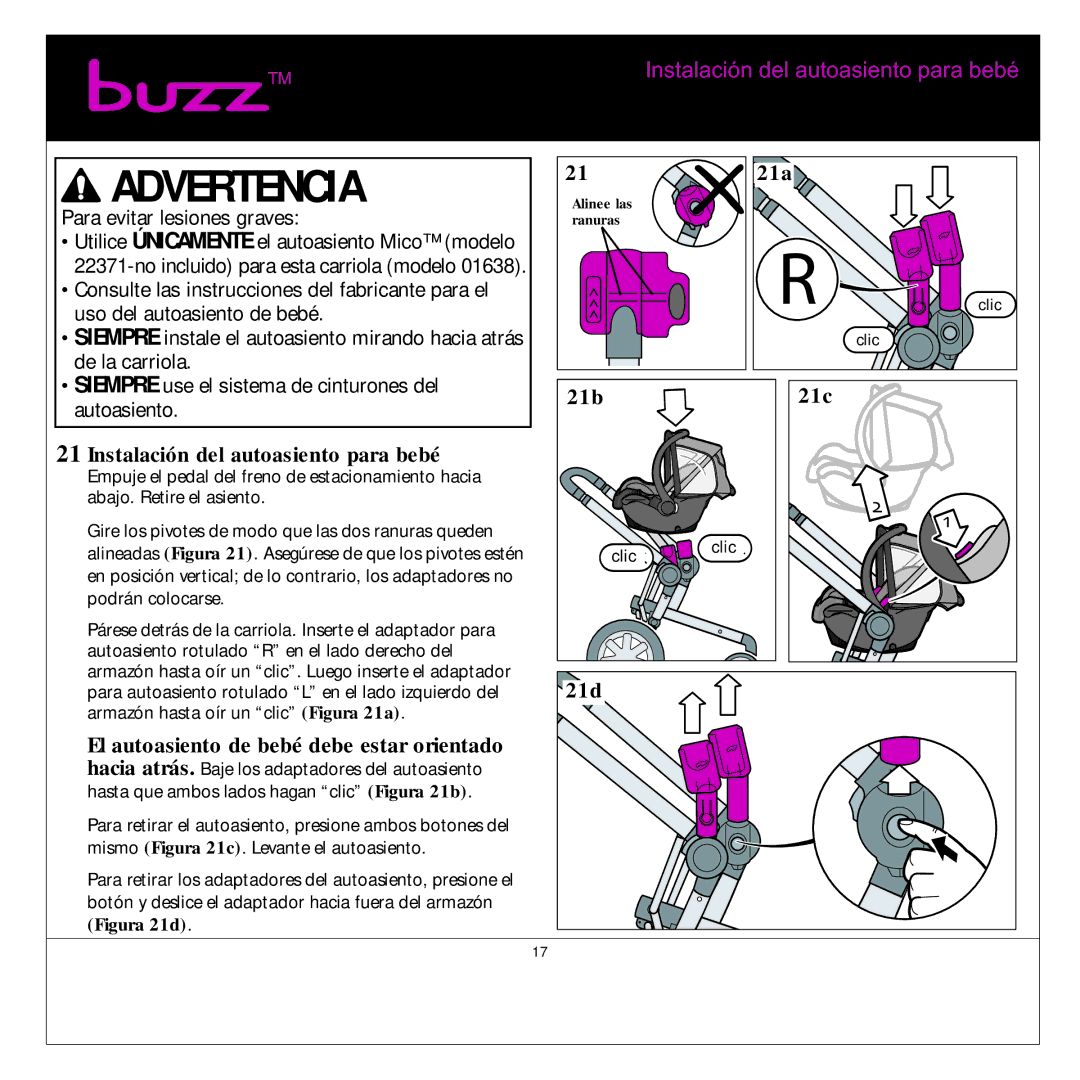 Quinny Buzz Stroller manual Instalación del autoasiento para bebé, 21b 21c 