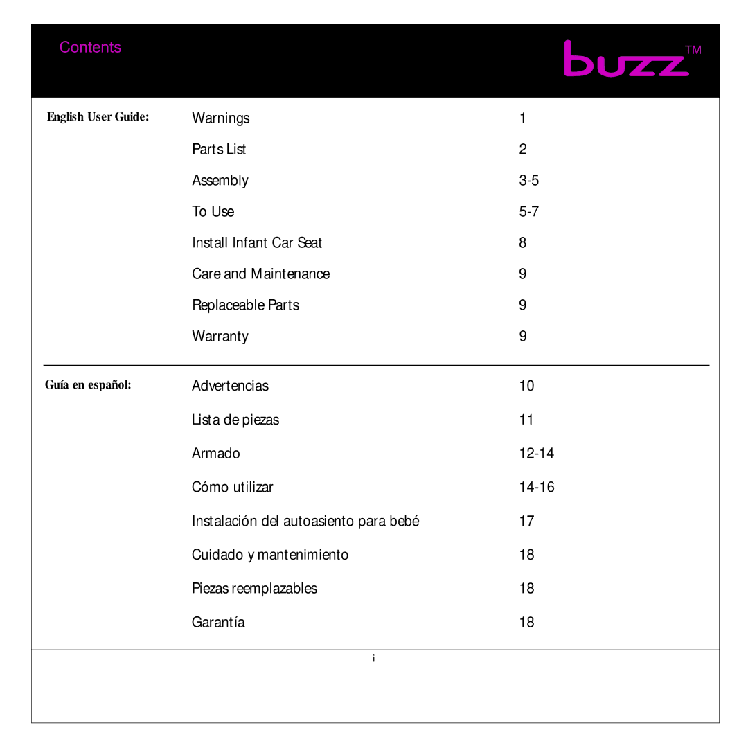 Quinny Buzz Stroller manual Contents 