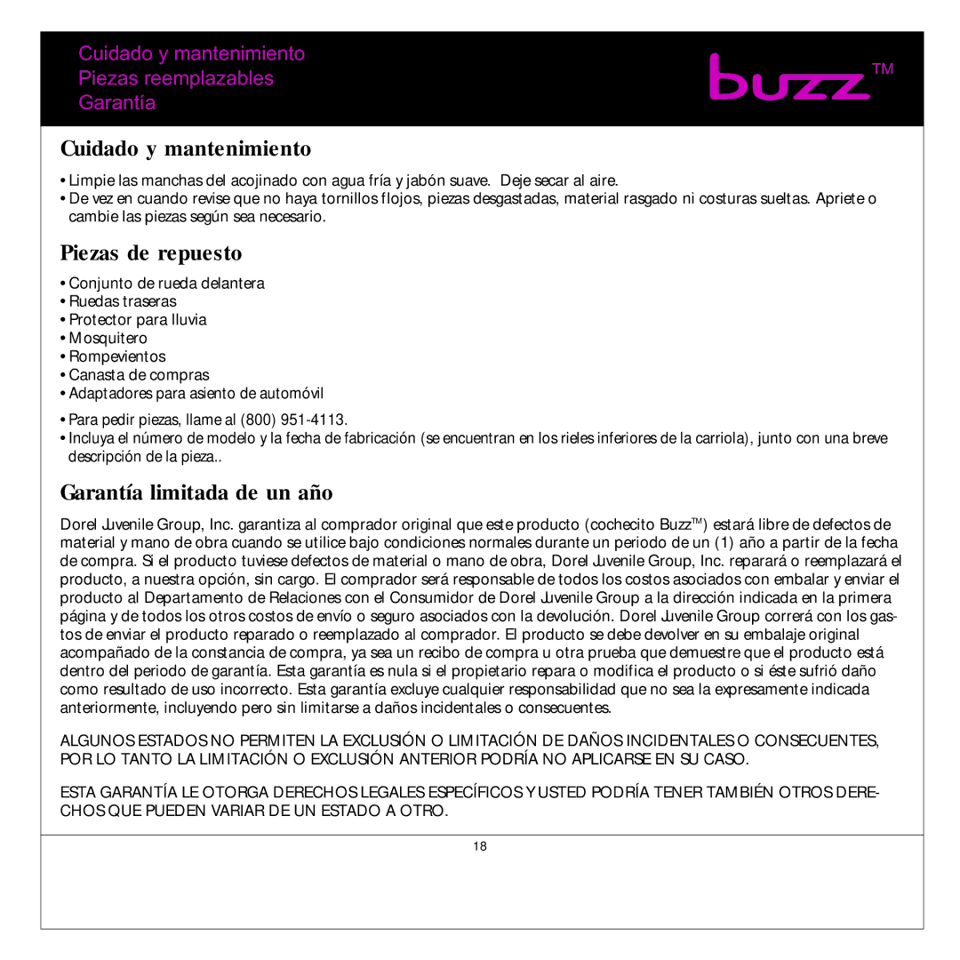 Quinny Buzz Stroller manual Cuidado y mantenimiento Piezas reemplazablesTM Garantía 