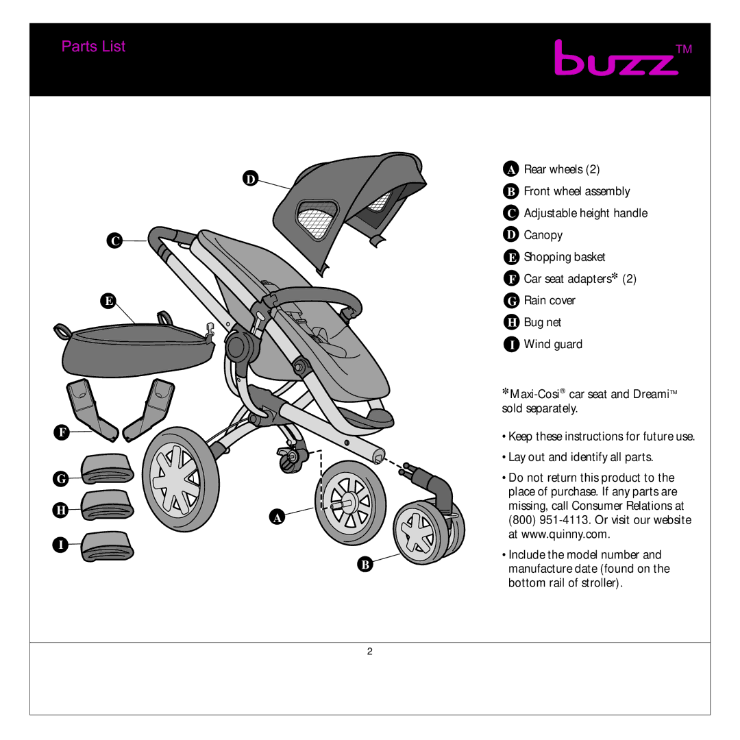 Quinny Buzz Stroller manual Parts List, Do not return this product to 