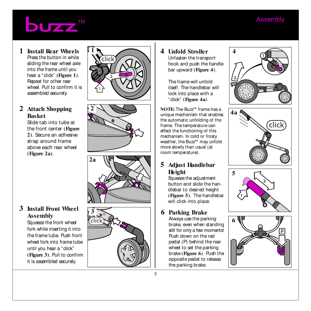 Quinny Buzz Stroller Install Rear Wheels, Attach Shopping Basket, Install Front Wheel Assembly, Unfold Stroller, Height 