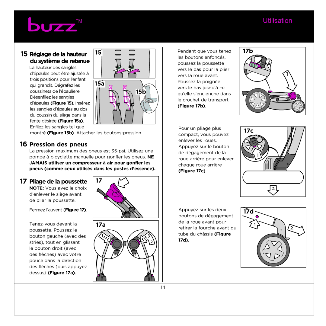 Quinny CV059 manual 15a, Pression des pneus, Pliage de la poussette, 17b 
