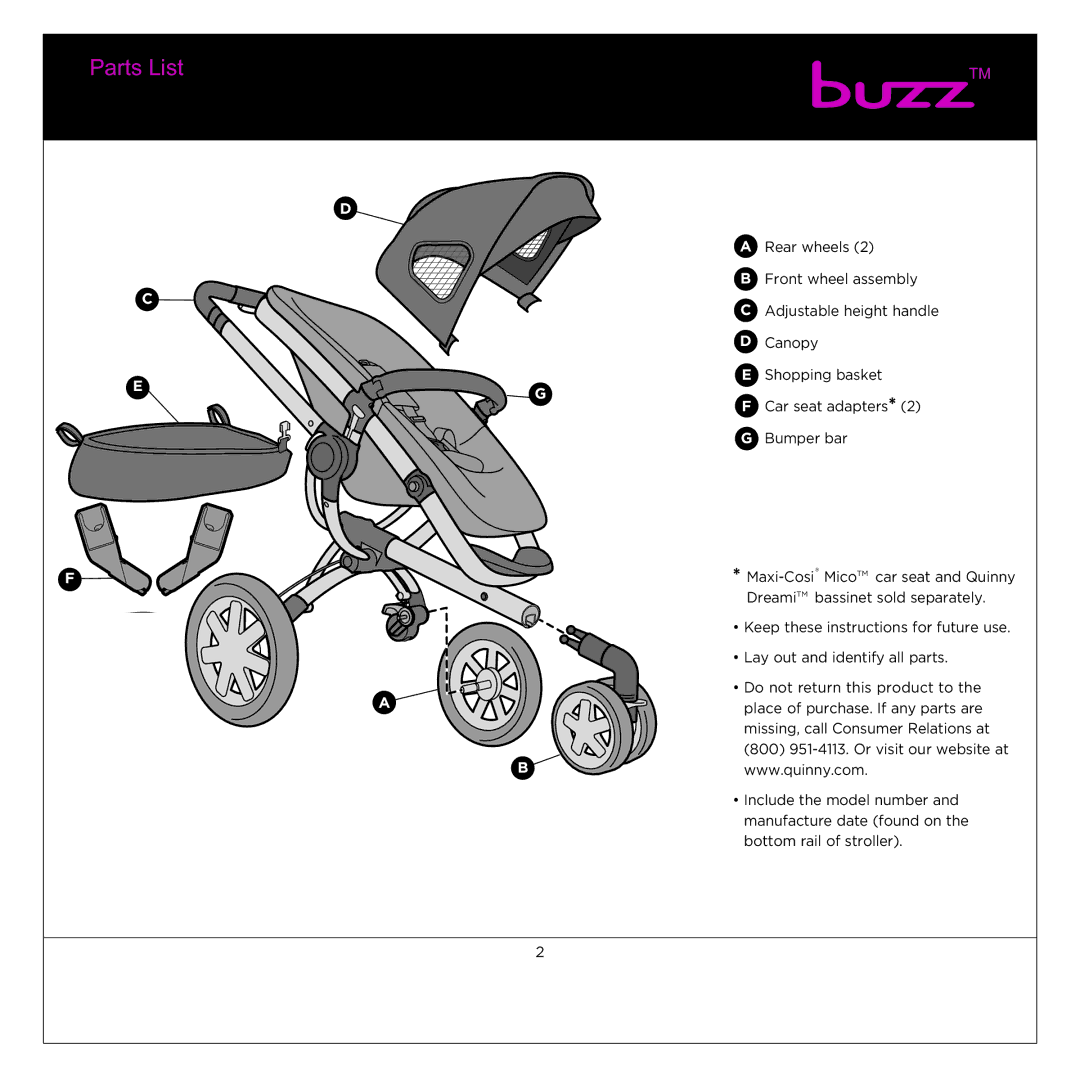 Quinny CV059 manual Parts List, Bumper bar 