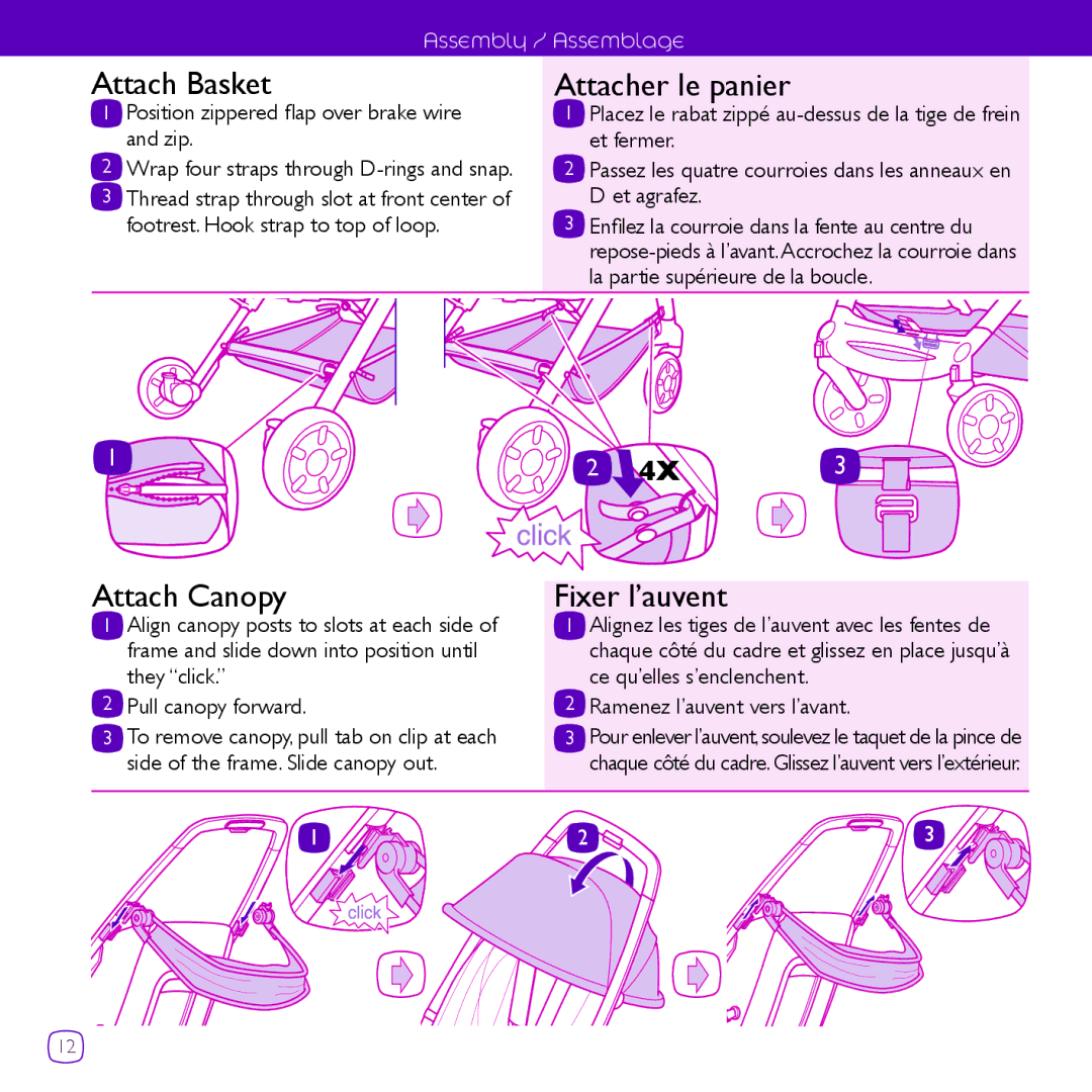 Quinny CV061 manual Attach Basket, Attacher le panier, Attach Canopy, Fixer l’auvent 